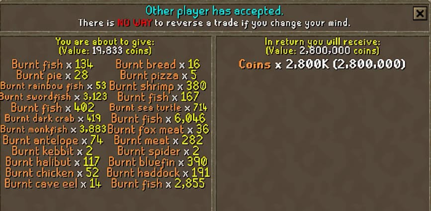 OSRS trade window: a player gives dozens of burnt food stacks valued at 19,833 coins and receives 2,800,000 coins.
